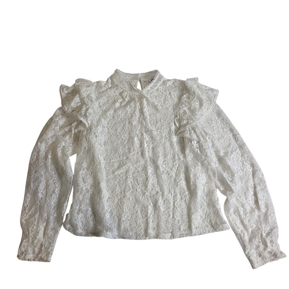 Express Women's White Lace Ruffle Long Sleeve Mock Neck Blouse Medium Coquette